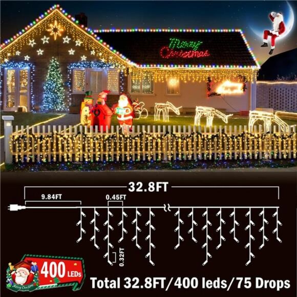 Christmas Lights Decorations 400 LED 33ft 8 Modes Curtain Fairy String Light - Picture 5 of 7